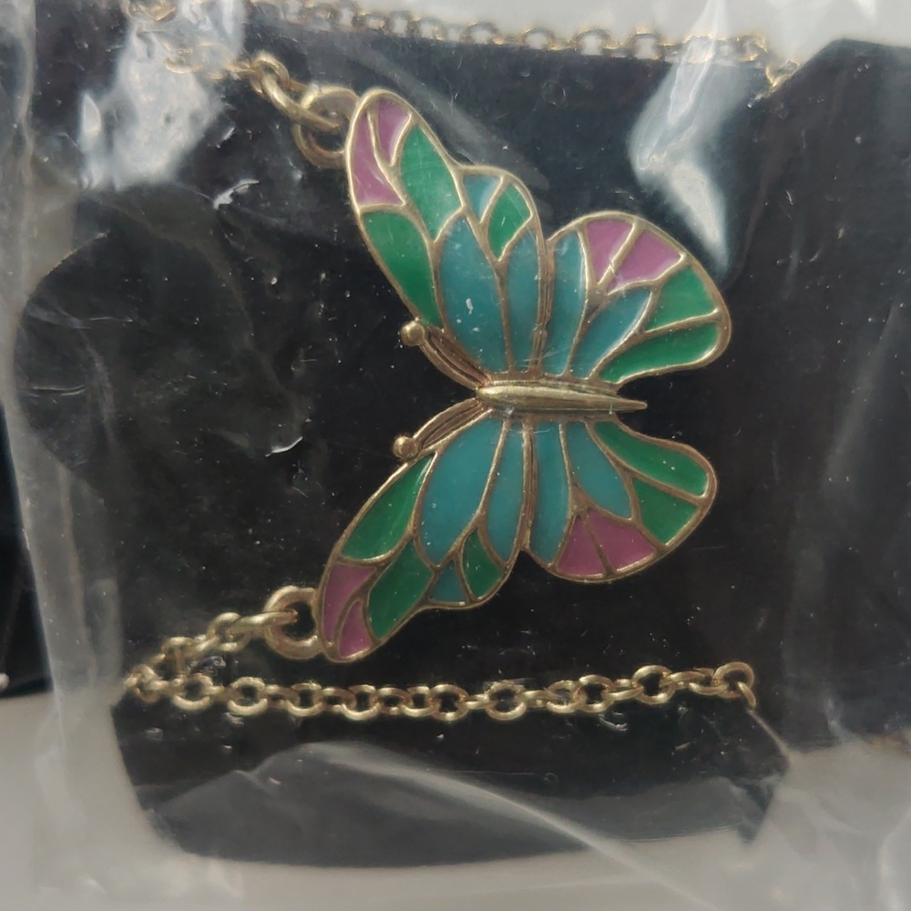 Avon Green and Pink Butterfly Necklace